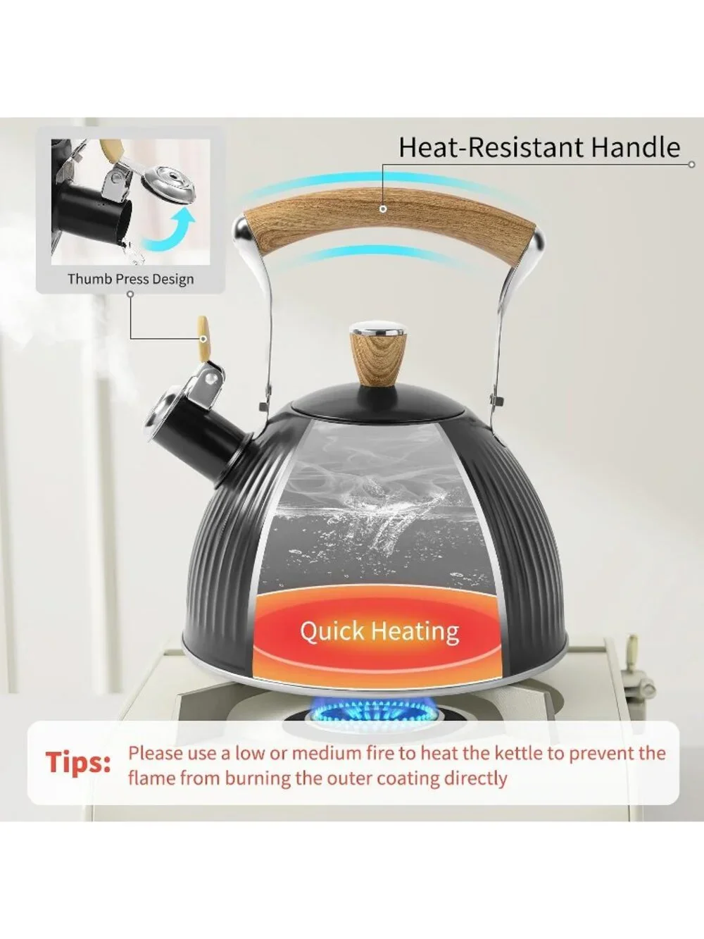 Black Stainless Steel Kitchen Whistling Tea Kettle 2.5 Quart Folding Wood Handle
